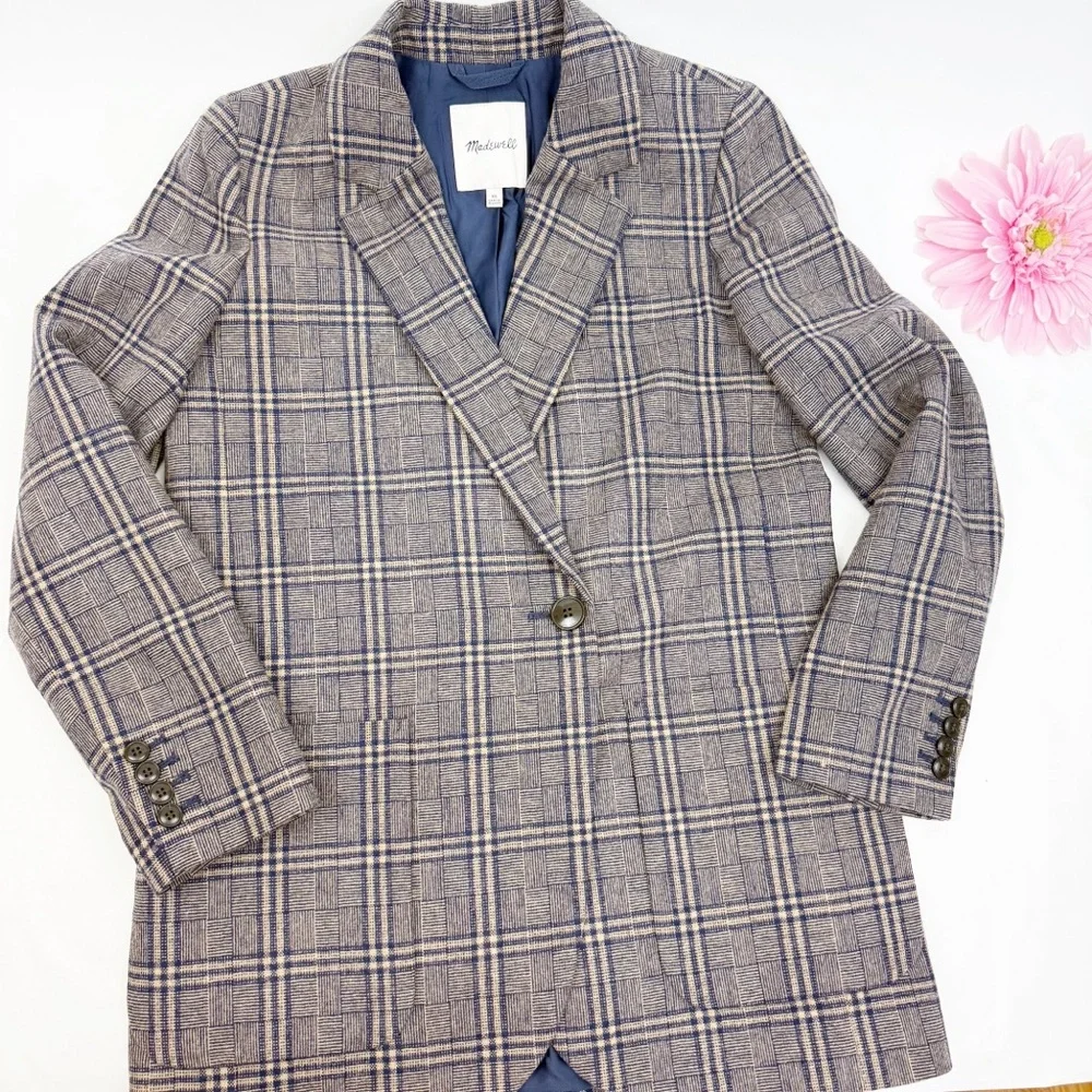 Madewell Larsen Blazer in Glen Plaid Indigo Blue Tan Academia Office Career Wool